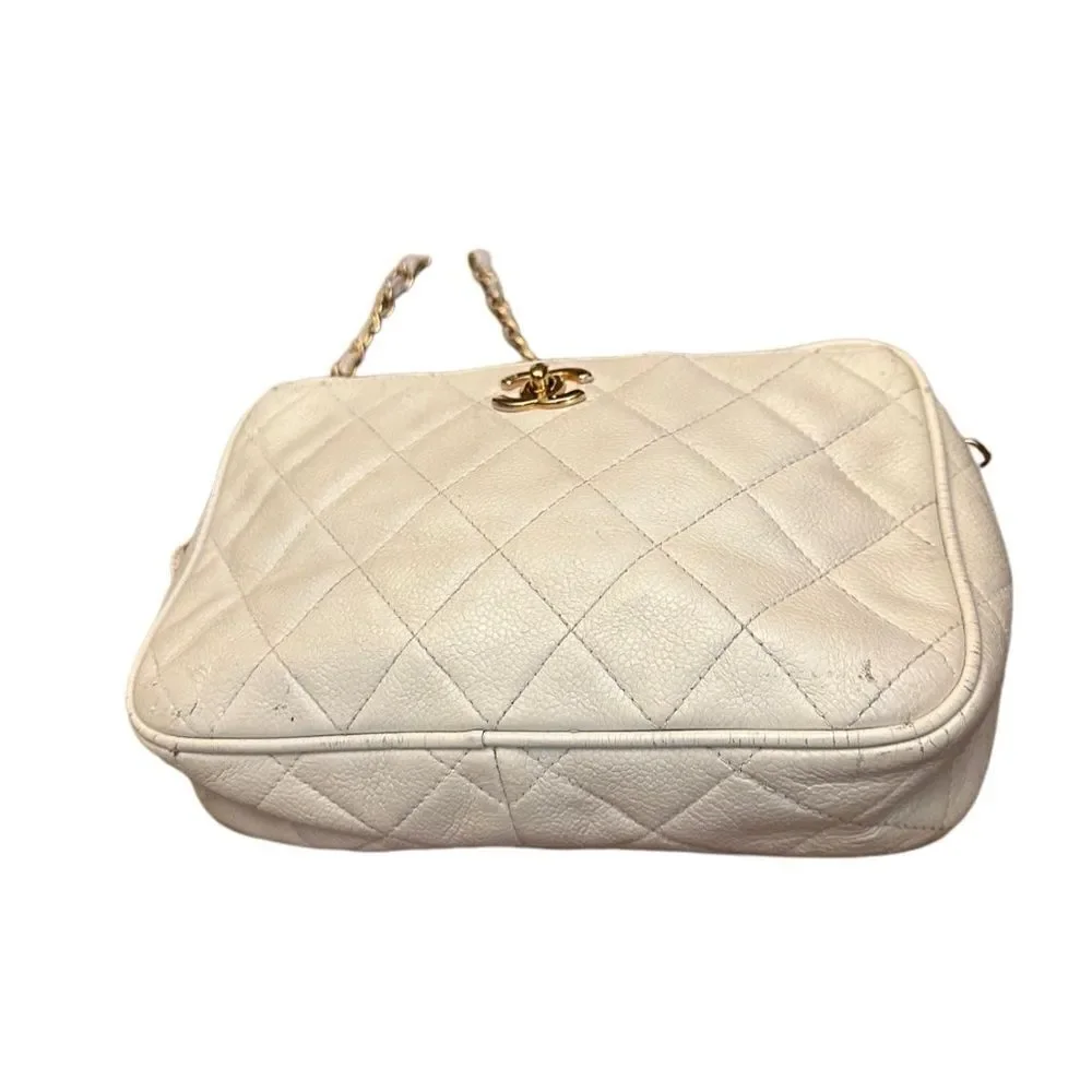 Chanel beige quilted gold tone leather crossbody bag